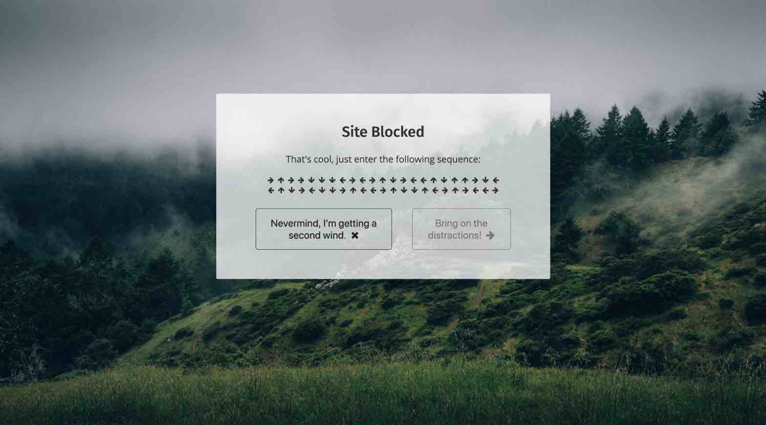 [Focusly](https://chrome.google.com/webstore/detail/focusly/jlihnplddpebplnfafhdanaiapbeikbk?hl=gb) blocks access to websites on a blacklist, then helps people stick with their intention by requiring them to type in a series of 46 arrow keys in a specific order, before they can stop a blocking session.