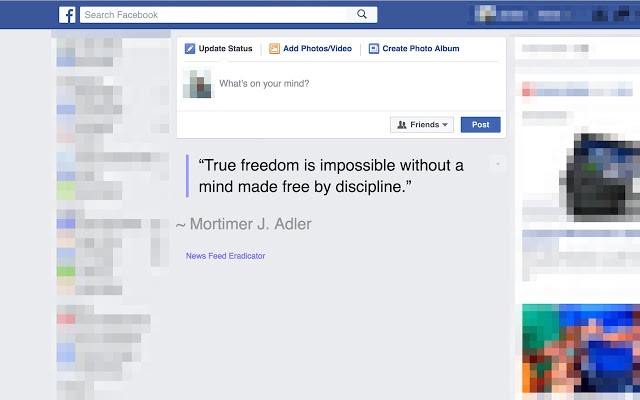 [News Feed Eradicator](https://chrome.google.com/webstore/detail/news-feed-eradicator-for/fjcldmjmjhkklehbacihaiopjklihlgg?hl=gb) removes the newsfeed from Facebook and replaces it with a motivational quote